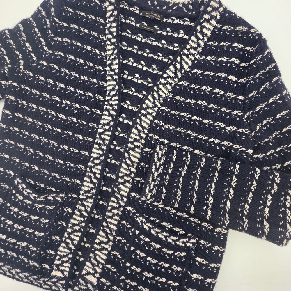 MASSIMO DUTTI CARDIGAN WOMENS SMALL BLUE WHITE TEXTURED KNIT POCKETS OFFICE CITY